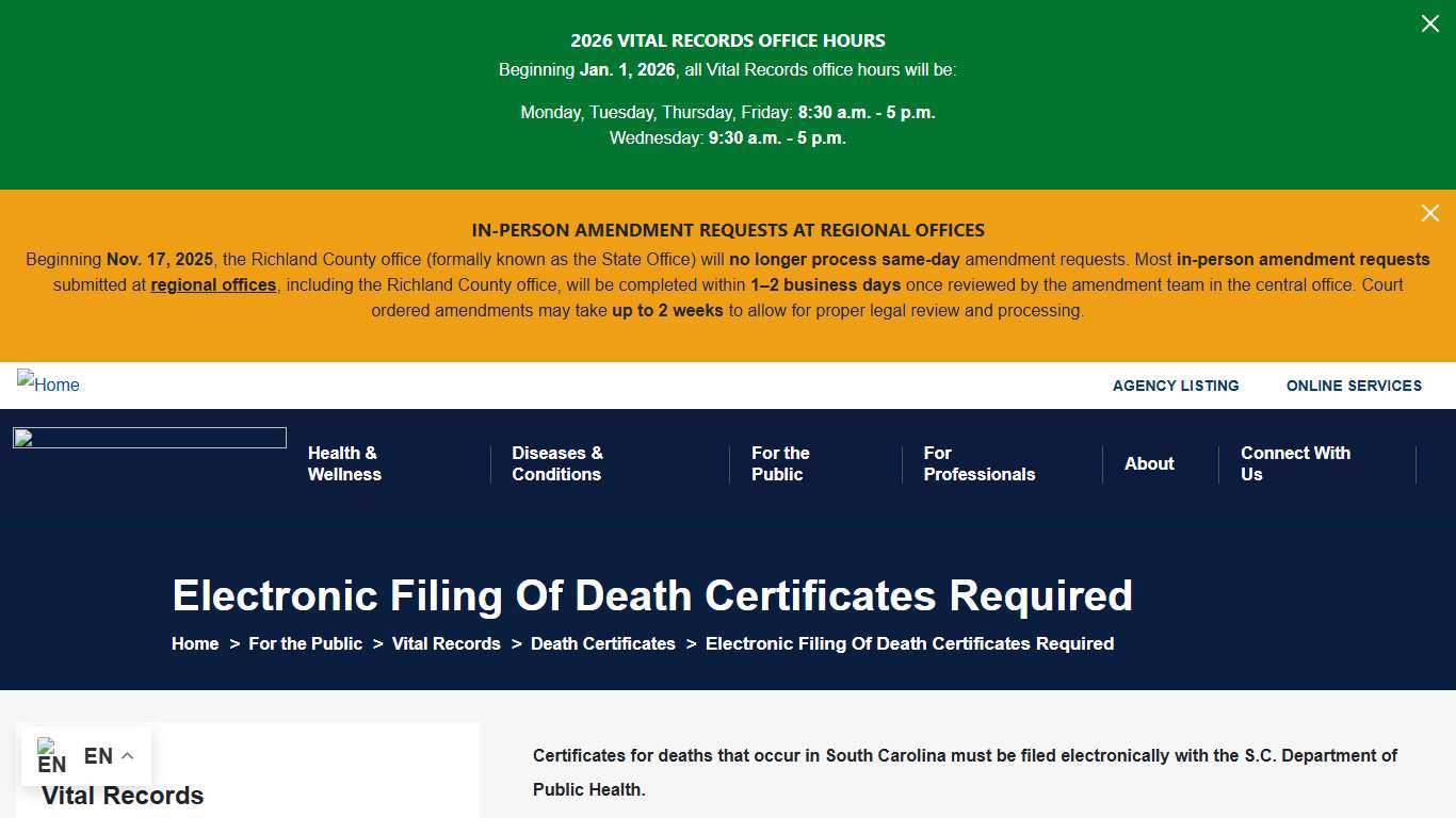 Electronic Filing Of Death Certificates Required South Carolina Department of Public Health