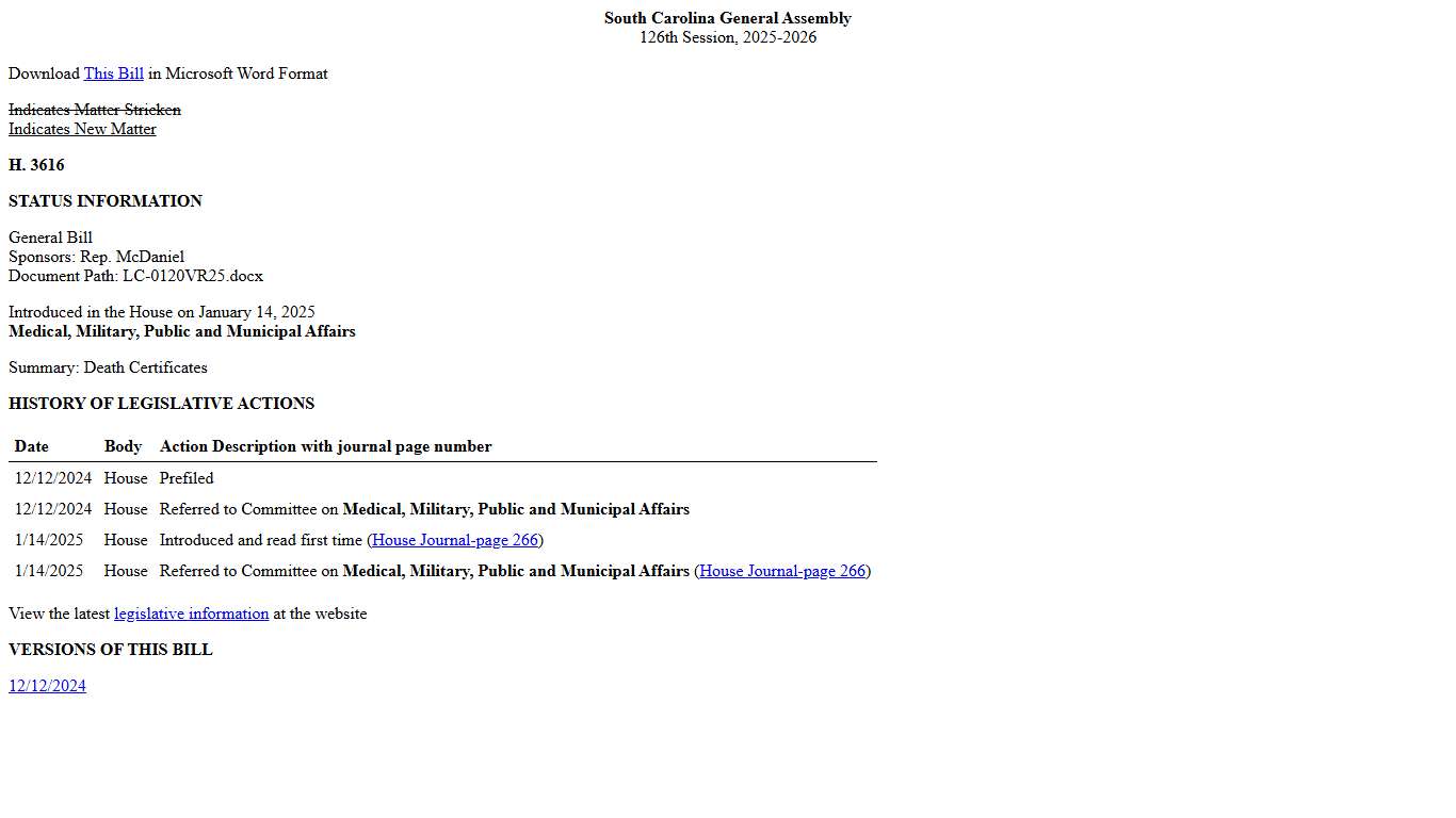 2025-2026 Bill 3616: Death Certificates - South Carolina Legislature Online