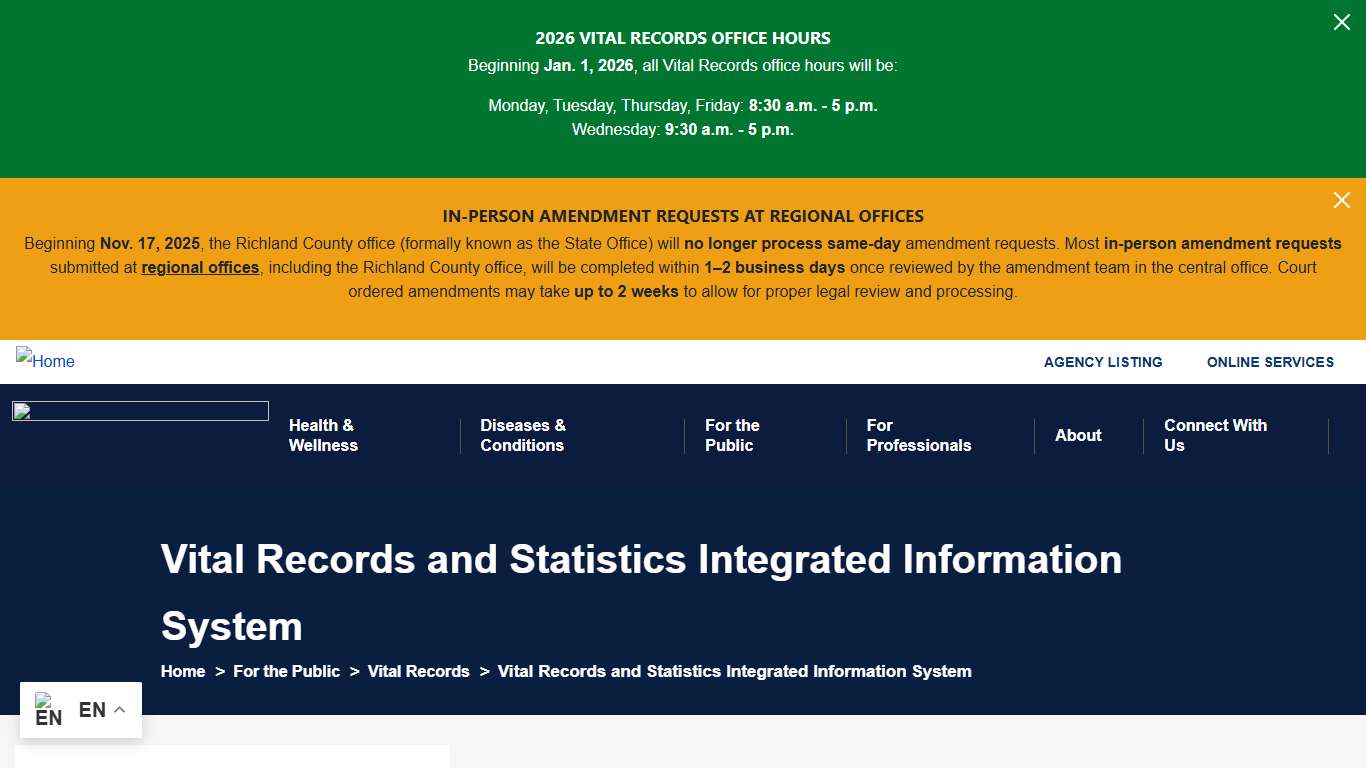 Vital Records and Statistics Integrated Information System South Carolina Department of Public Health